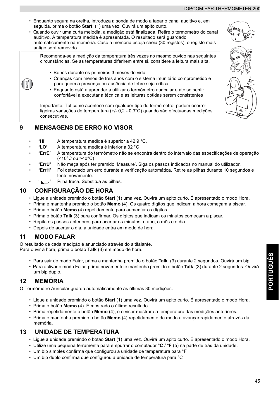 Português, 9mensagens de erro no visor, 10 configuração de hora | 11 modo falar, 12 memória, 13 unidade de temperatura | Topcom 200 User Manual | Page 45 / 88