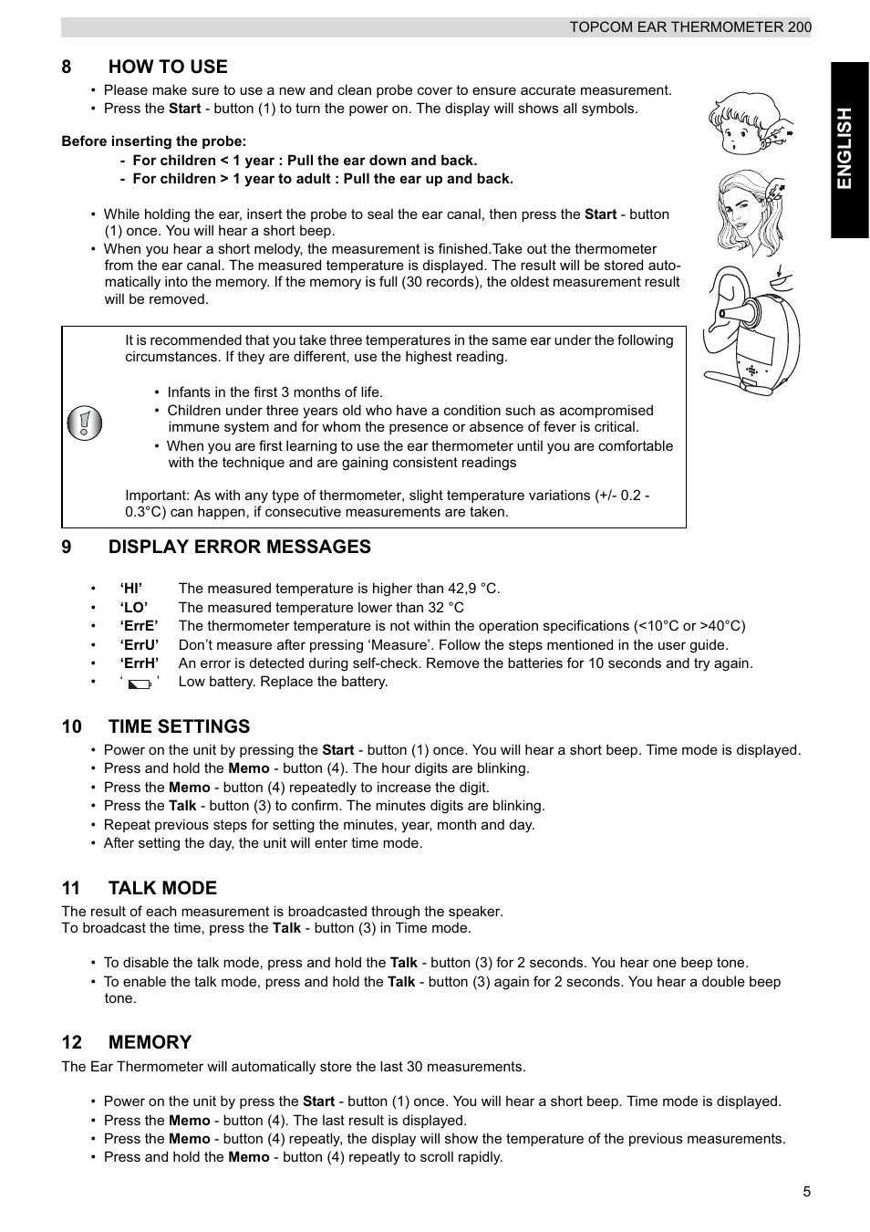 Engl ish 8 how to use, 9display error messages, 10 time settings | 11 talk mode | Topcom 200 User Manual | Page 5 / 88