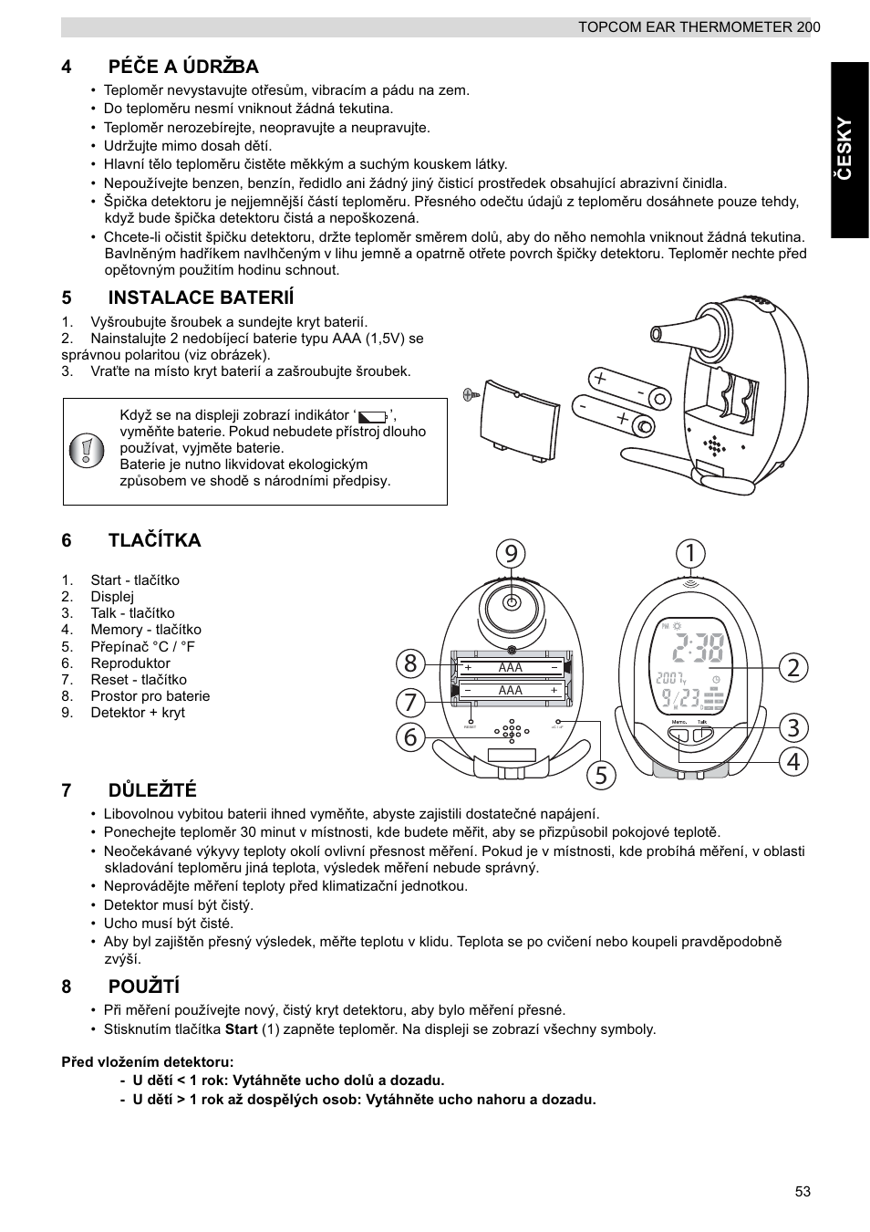 Ýesky 4 pé ýe a údržba, 5instalace baterií, 6tla ýítka | 7d ģležité, 8použití | Topcom 200 User Manual | Page 53 / 88