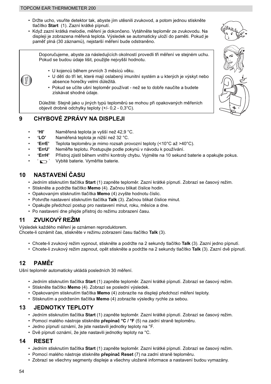 9chybové zprávy na displeji, 10 nastavení ýasu, 11 zvukový režim | 12 pam ċģ, 13 jednotky teploty, 14 reset | Topcom 200 User Manual | Page 54 / 88