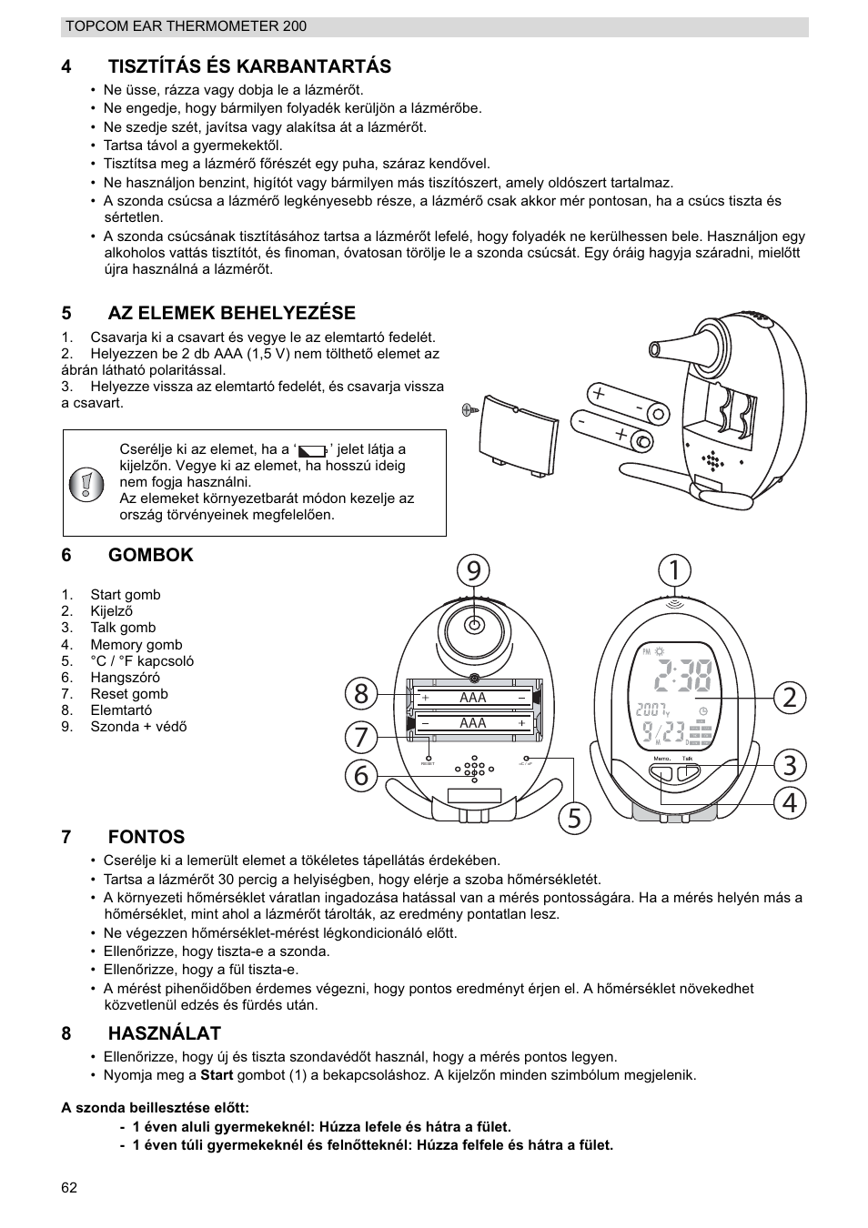 4tisztítás és karbantartás, 5az elemek behelyezése, 6gombok | 7fontos, 8használat | Topcom 200 User Manual | Page 62 / 88