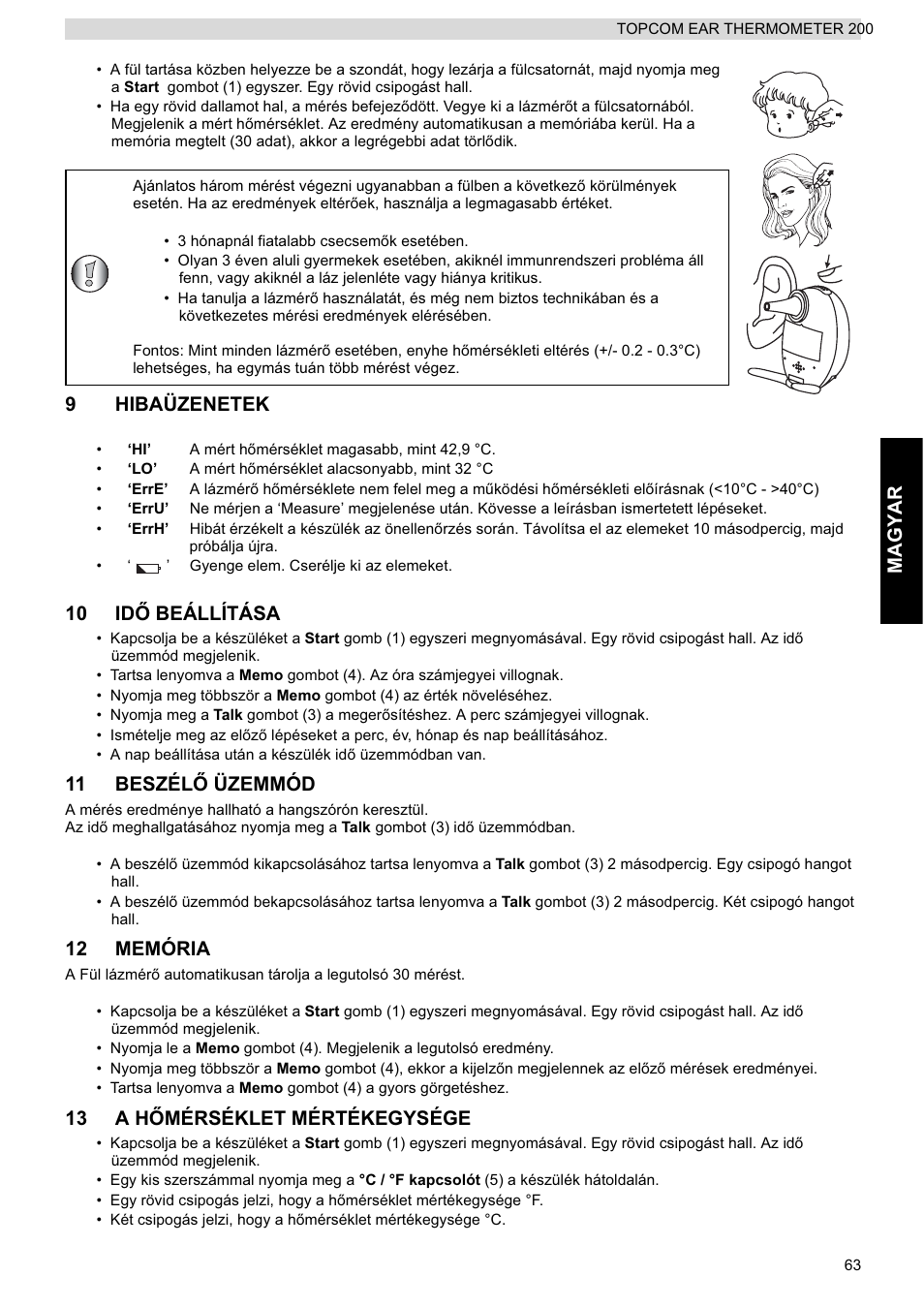 Magyar, 9hibaüzenetek, 10 id ė beállítása | 11 beszél ė üzemmód, 12 memória, 13 a h ėmérséklet mértékegysége | Topcom 200 User Manual | Page 63 / 88