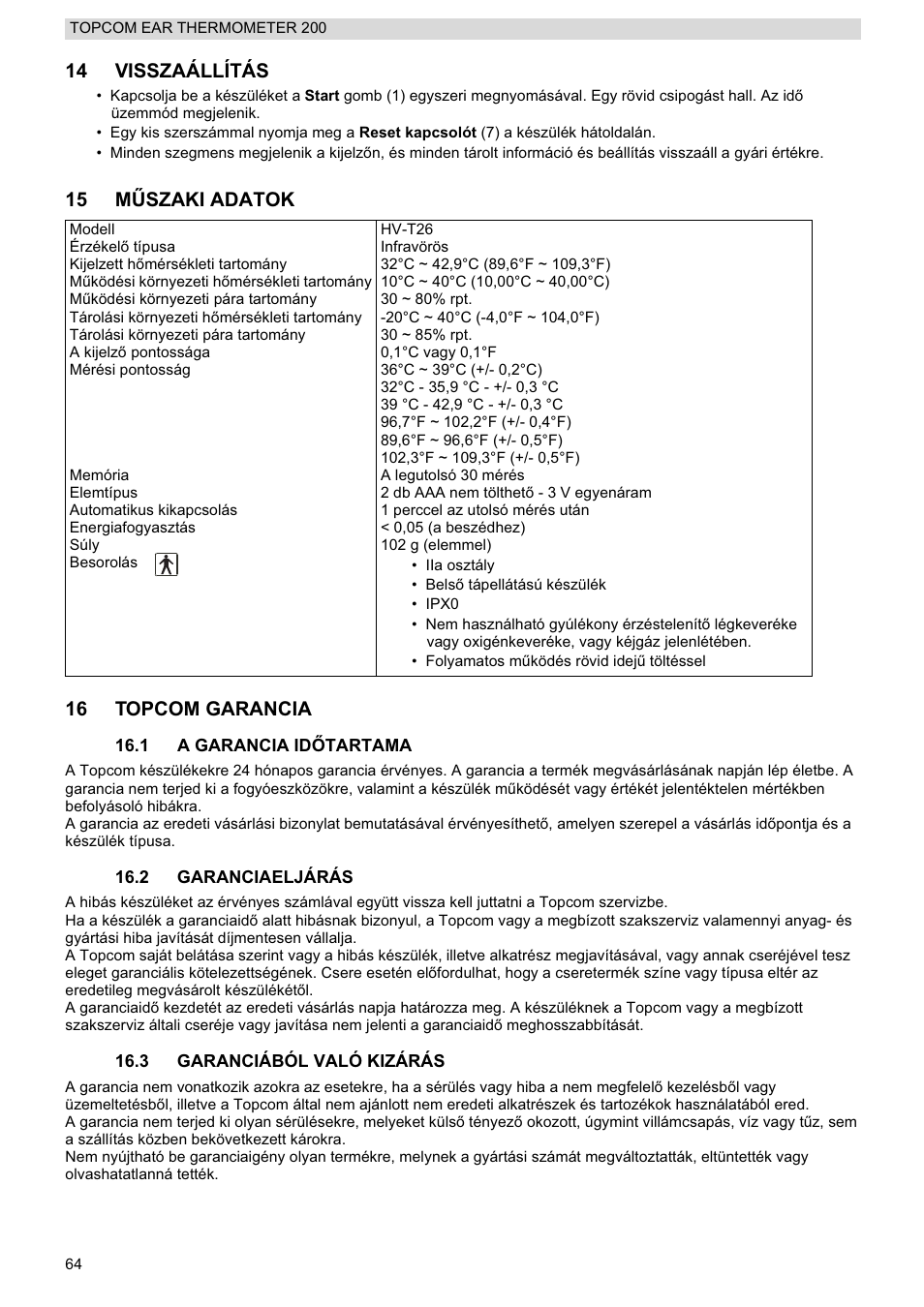 14 visszaállítás, 15 m ĥszaki adatok 16 topcom garancia | Topcom 200 User Manual | Page 64 / 88
