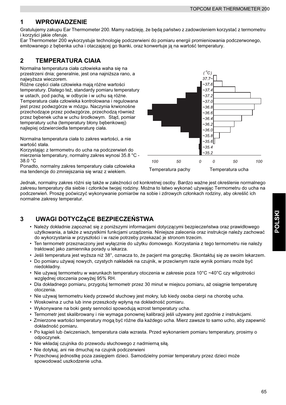 Polski 1 wprowadzenie, 2temperatura cia áa, 3uwagi dotycz ące bezpieczeēstwa | Topcom 200 User Manual | Page 65 / 88