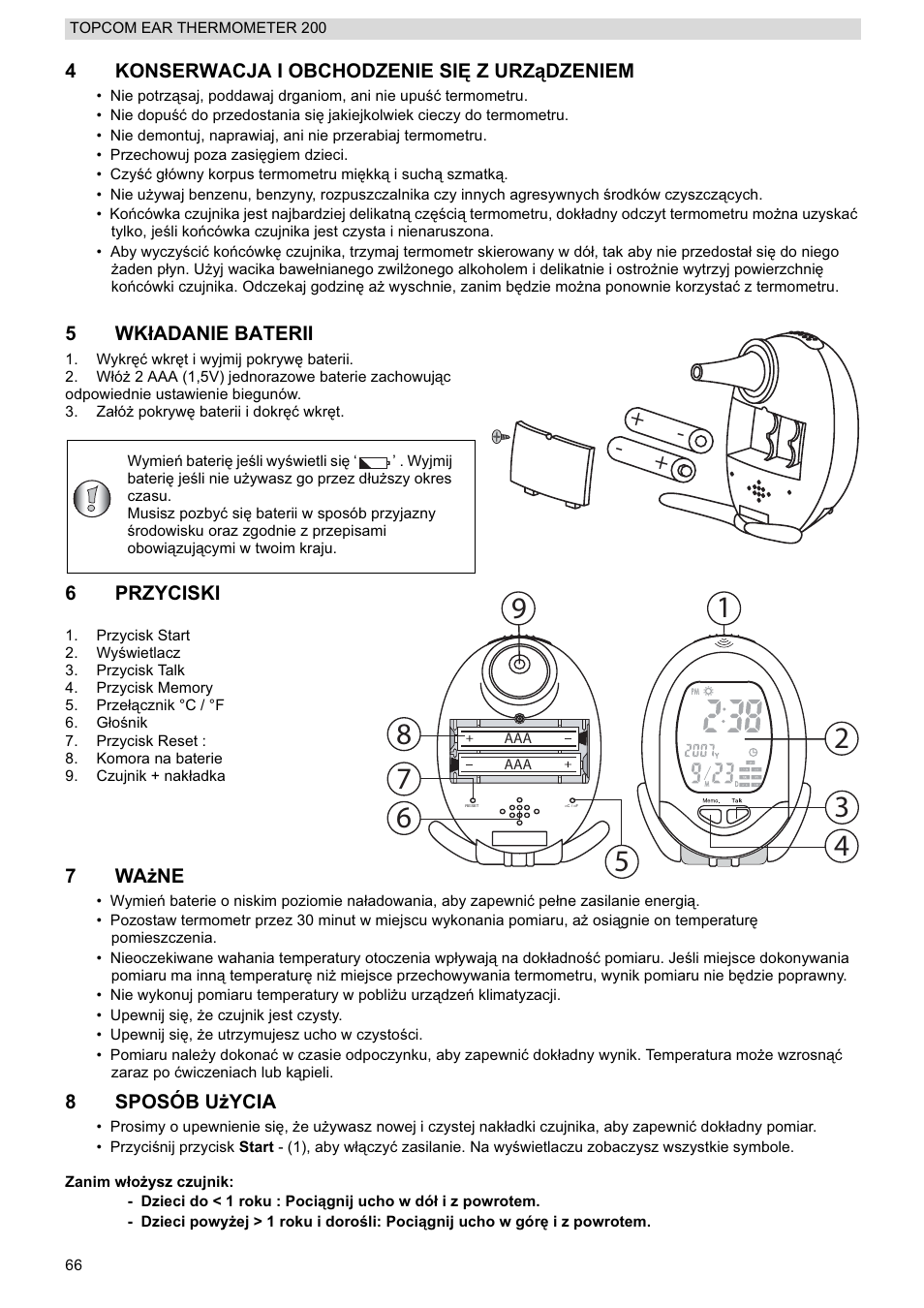 4konserwacja i obchodzenie si ĉ z urządzeniem, 5wk áadanie baterii, 6przyciski | 7wa īne, 8sposób u īycia | Topcom 200 User Manual | Page 66 / 88