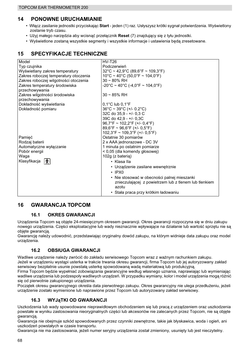 14 ponowne uruchamianie, 15 specyfikacje techniczne 16 gwarancja topcom | Topcom 200 User Manual | Page 68 / 88