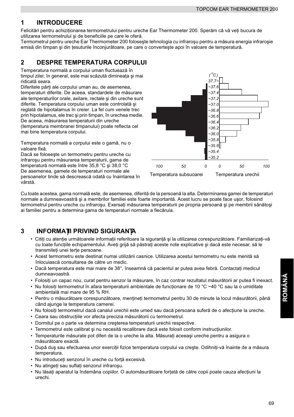 Român ă 1 introducere, 2despre temperatura corpului, 3informa ğii privind siguranğa | Topcom 200 User Manual | Page 69 / 88