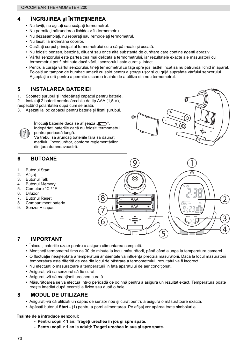 4îngrijirea úi întreğinerea, 5instalarea bateriei, 6butoane | 7important, 8modul de utilizare | Topcom 200 User Manual | Page 70 / 88