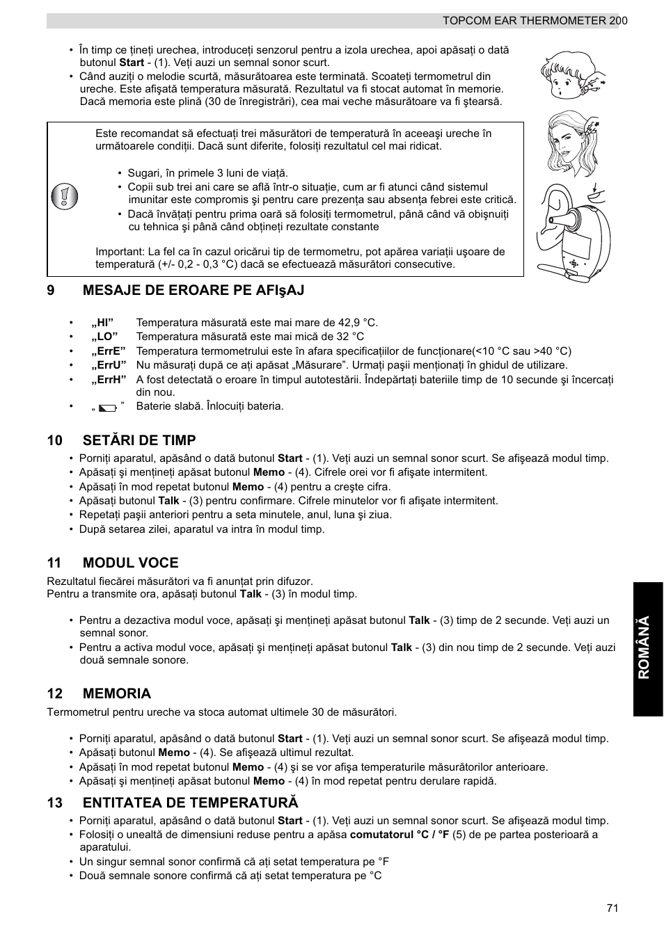 Român ă, 9mesaje de eroare pe afi úaj, 10 set ări de timp | 11 modul voce, 13 entitatea de temperatur ă | Topcom 200 User Manual | Page 71 / 88