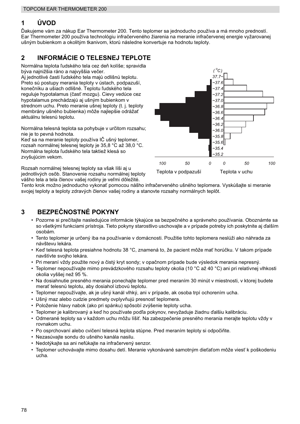1úvod, 2informácie o telesnej teplote, 3bezpe ýnostné pokyny | Topcom 200 User Manual | Page 78 / 88