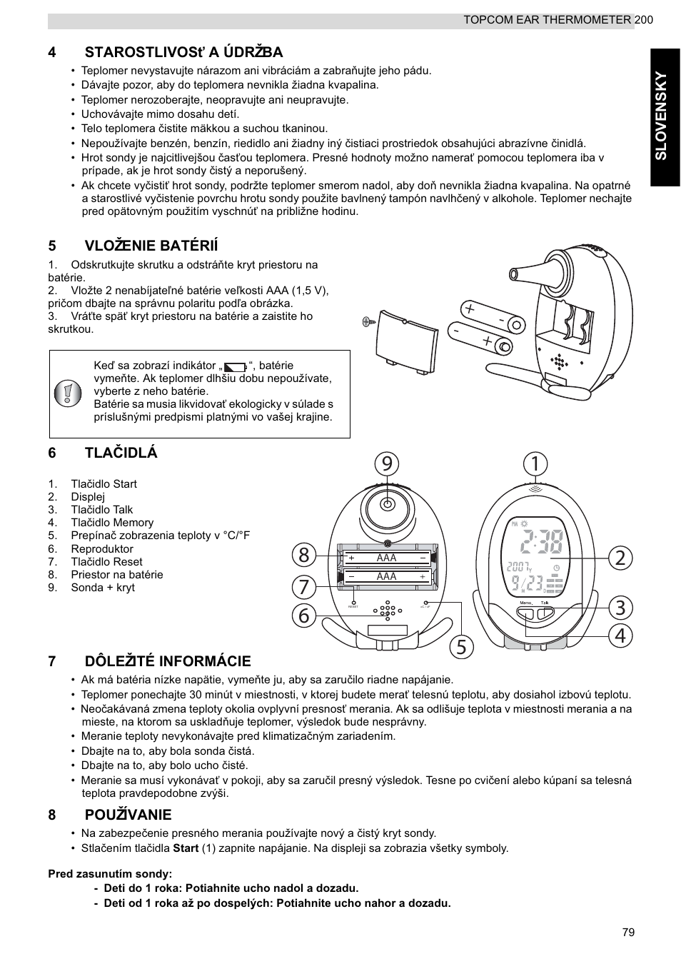 Slove n sky 4 starostlivos ģ a údržba, 5vloženie batérií, 6tla ýidlá | 7dôležité informácie, 8používanie | Topcom 200 User Manual | Page 79 / 88