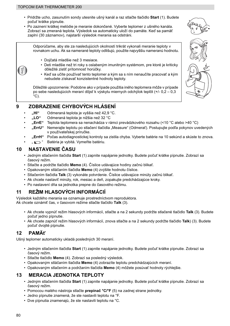 9zobrazenie chybových hlásení, 10 nastavenie ýasu, 11 režim hlasových informácií | 12 pamä ģ, 13 meracia jednotka teploty | Topcom 200 User Manual | Page 80 / 88
