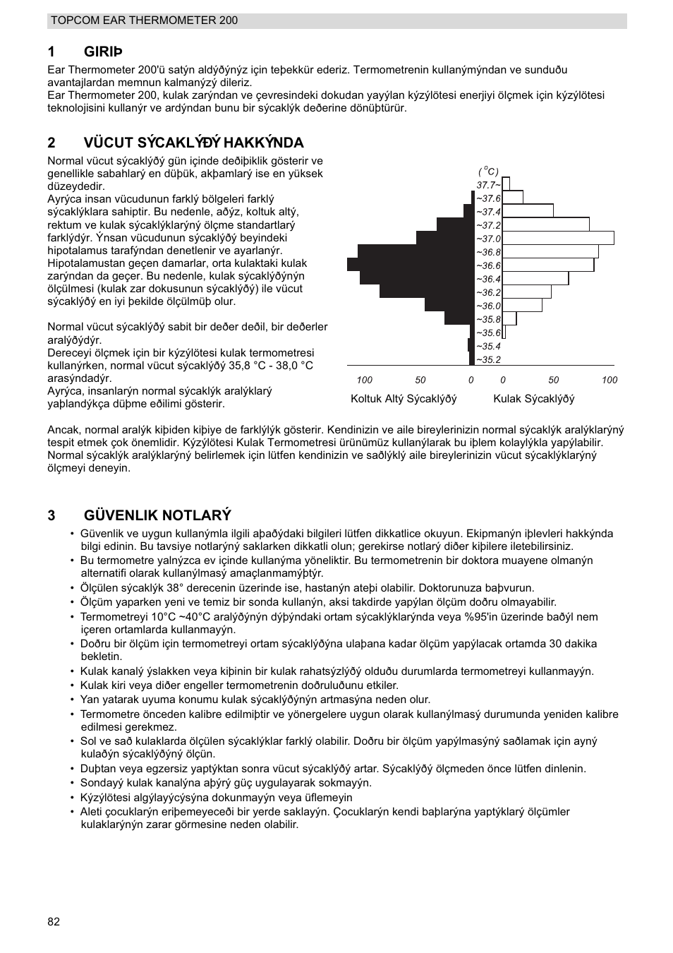 1giriþ, 2vücut sýcaklýðý hakkýnda, 3güvenlik notlarý | Topcom 200 User Manual | Page 82 / 88
