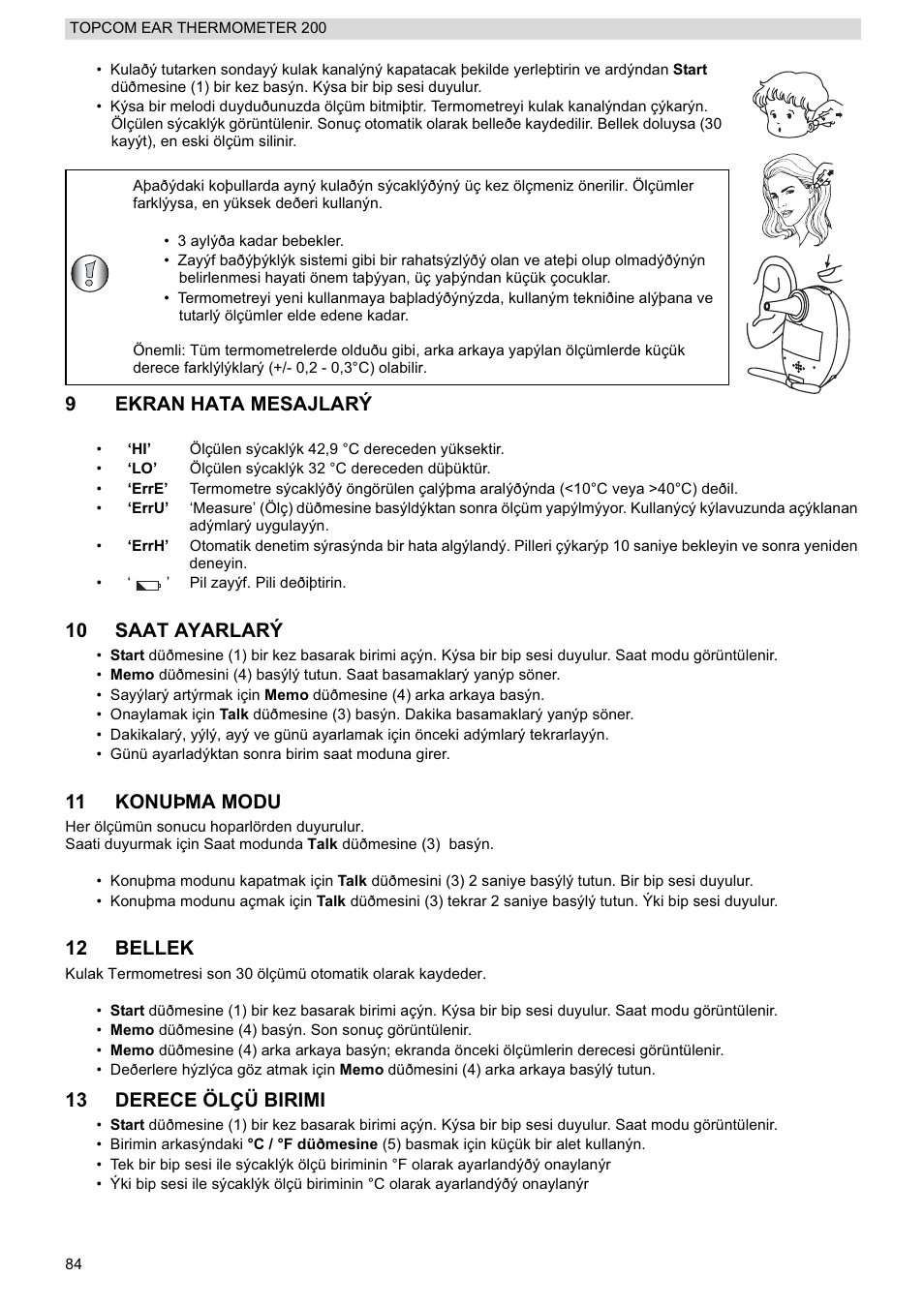 9ekran hata mesajlarý, 10 saat ayarlarý, 11 konuþma modu | 12 bellek, 13 derece ölçü birimi | Topcom 200 User Manual | Page 84 / 88