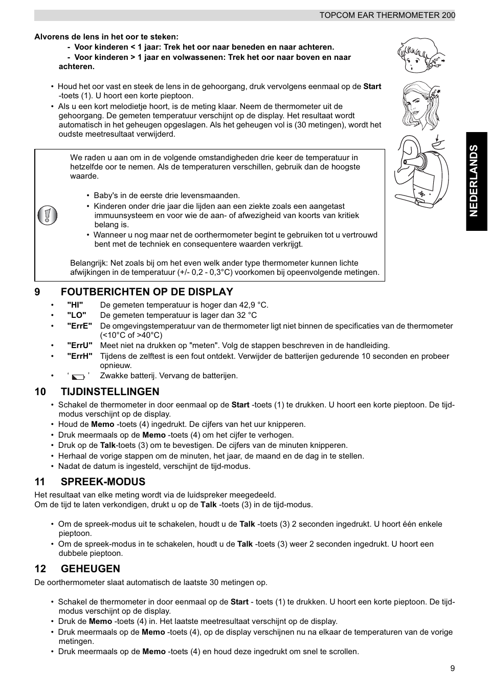 Ne derlan ds, 9foutberichten op de display, 10 tijdinstellingen | 11 spreek-modus, 12 geheugen | Topcom 200 User Manual | Page 9 / 88