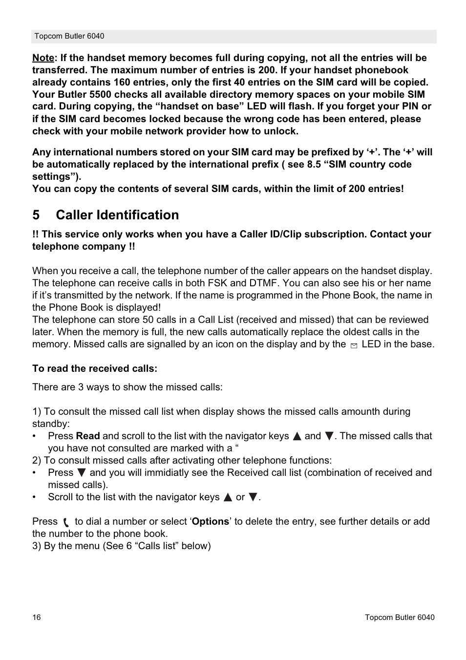 5caller identification | Topcom Butler 6040 User Manual | Page 16 / 36