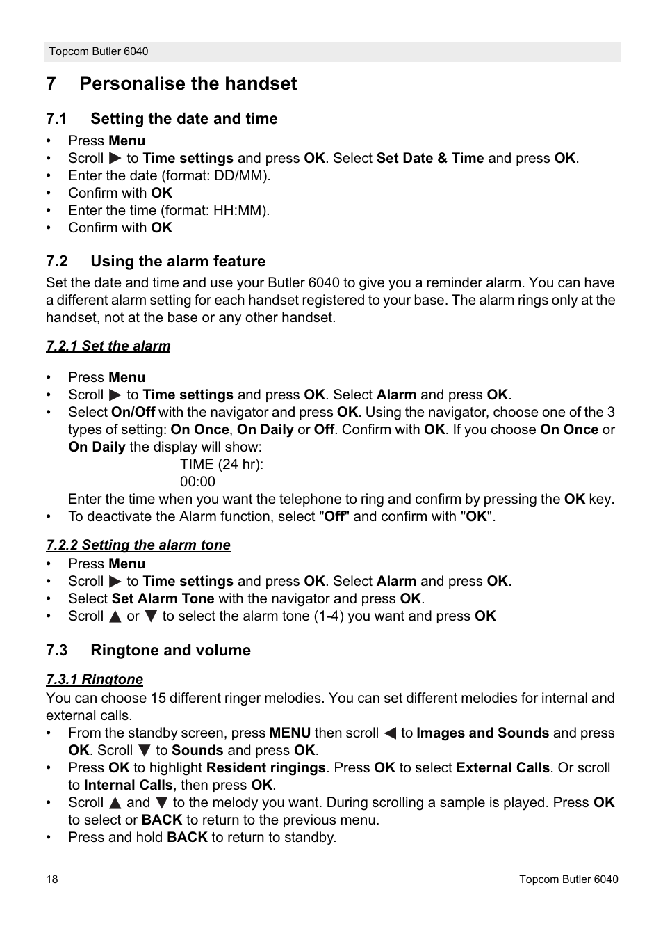 7personalise the handset | Topcom Butler 6040 User Manual | Page 18 / 36