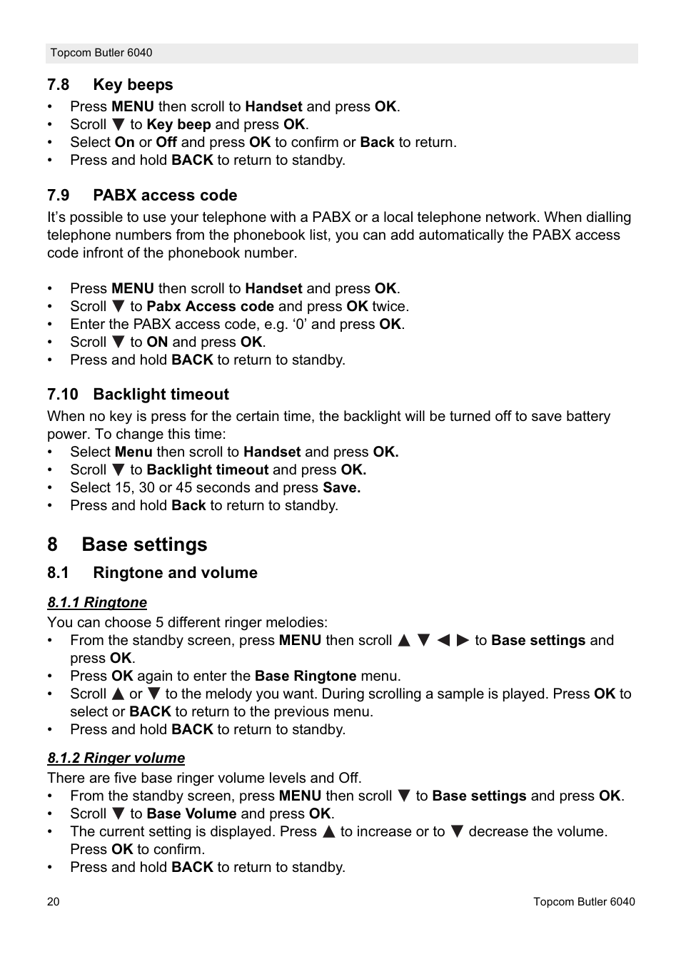 8base settings | Topcom Butler 6040 User Manual | Page 20 / 36
