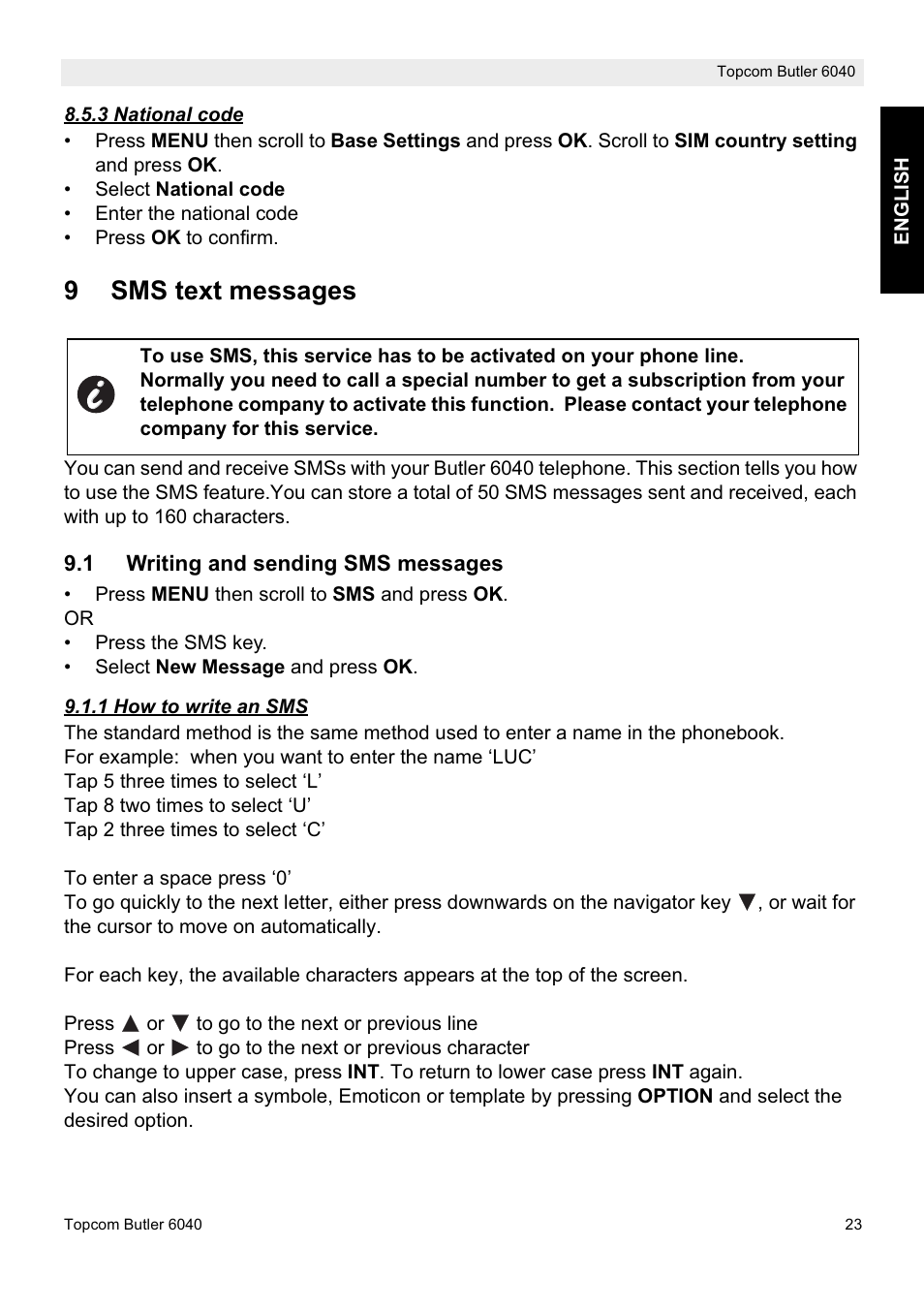 9sms text messages | Topcom Butler 6040 User Manual | Page 23 / 36