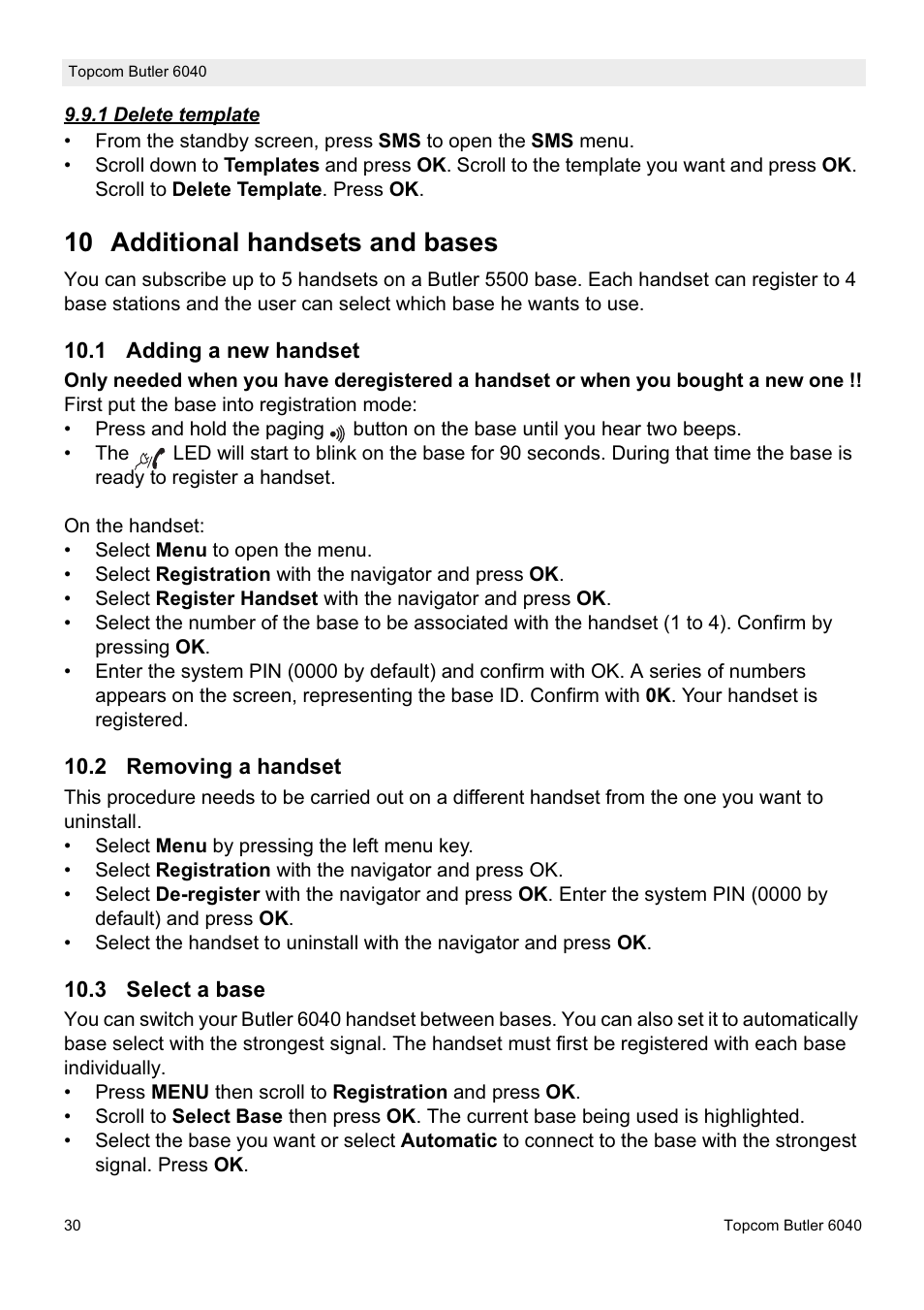 10 additional handsets and bases | Topcom Butler 6040 User Manual | Page 30 / 36