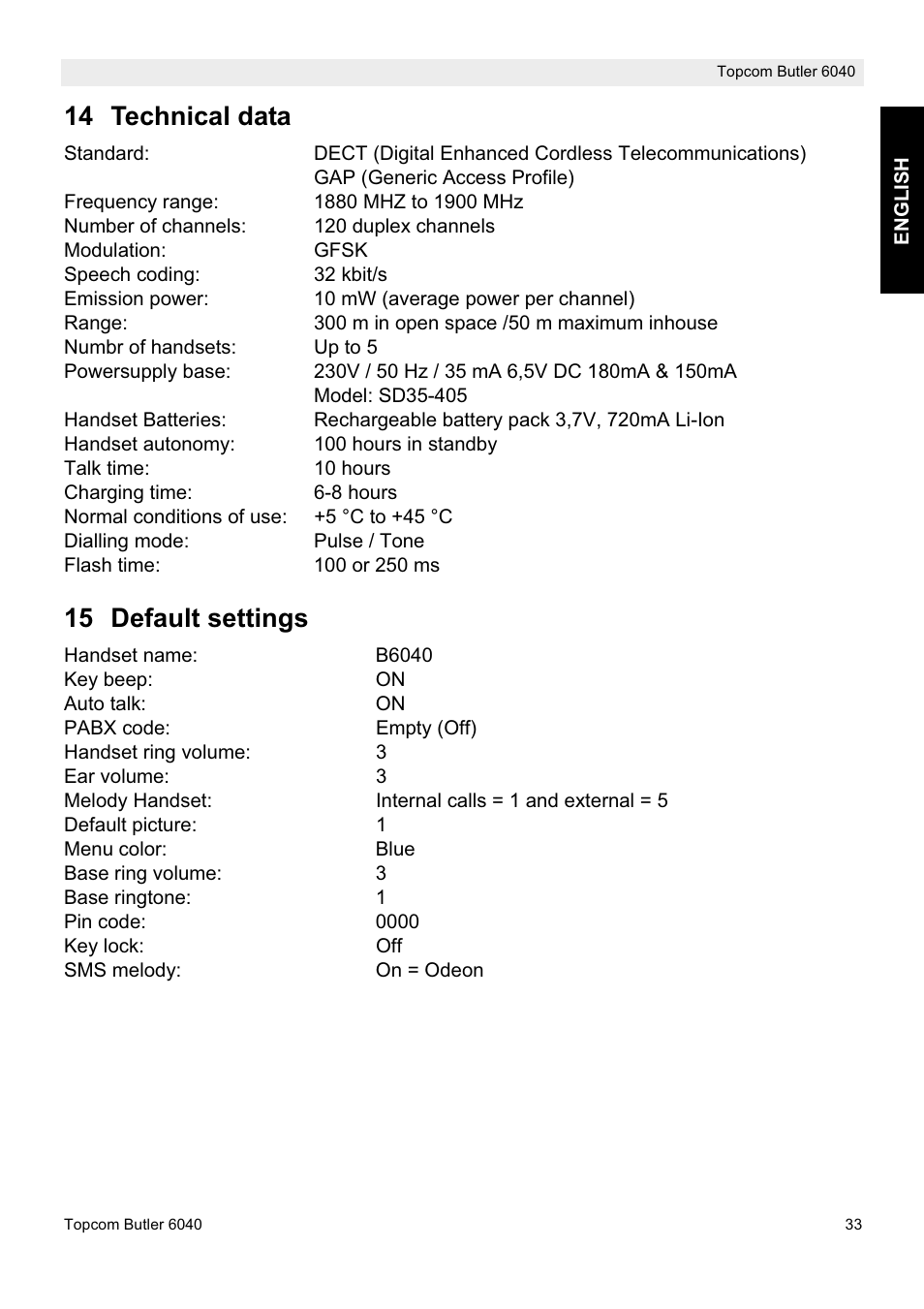 14 technical data, 15 default settings | Topcom Butler 6040 User Manual | Page 33 / 36