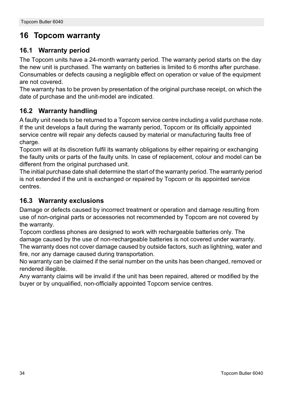 16 topcom warranty | Topcom Butler 6040 User Manual | Page 34 / 36