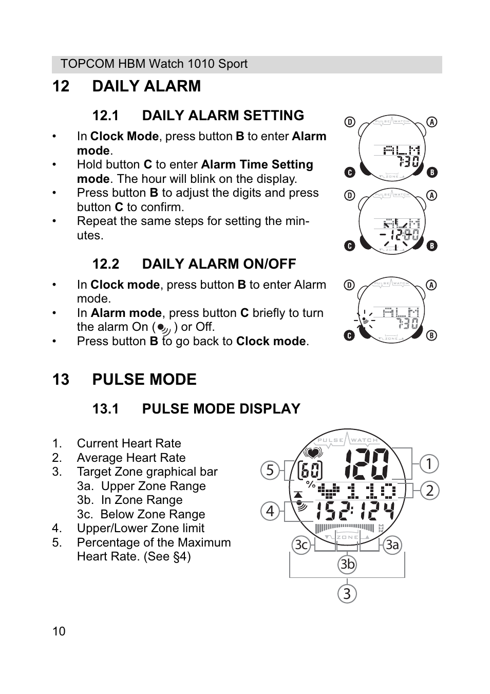 12 daily alarm, 13 pulse mode | Topcom HBM Watch 1010 Sport User Manual | Page 10 / 132