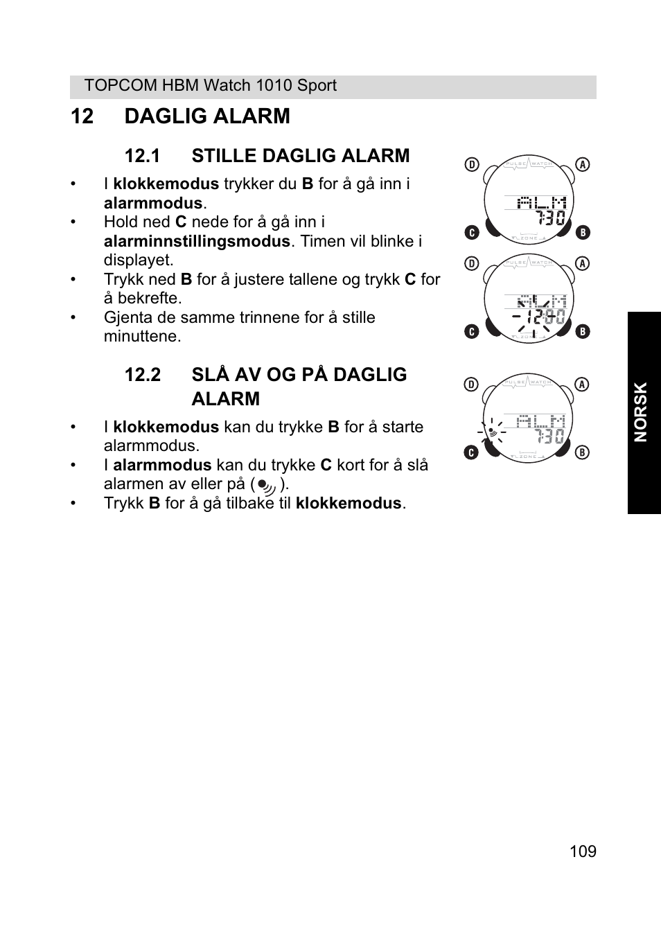 12 daglig alarm | Topcom HBM Watch 1010 Sport User Manual | Page 109 / 132