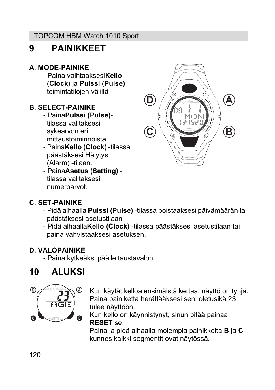 Ab c d, 9painikkeet, 10 aluksi | Topcom HBM Watch 1010 Sport User Manual | Page 120 / 132