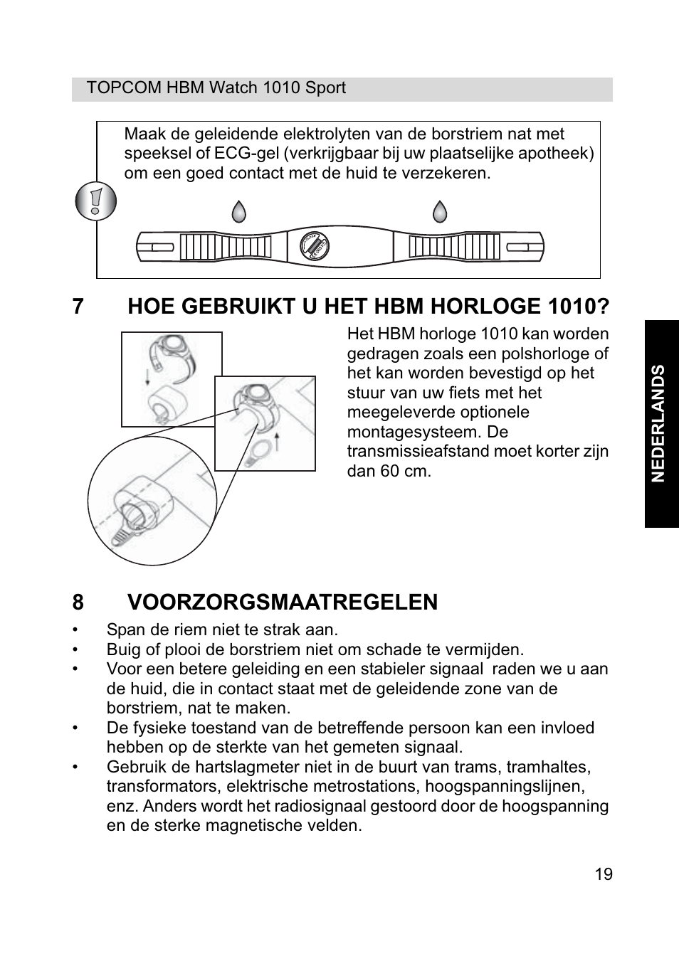 8voorzorgsmaatregelen | Topcom HBM Watch 1010 Sport User Manual | Page 19 / 132