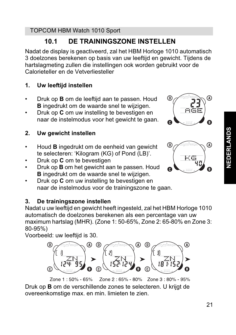 1 de trainingszone instellen | Topcom HBM Watch 1010 Sport User Manual | Page 21 / 132