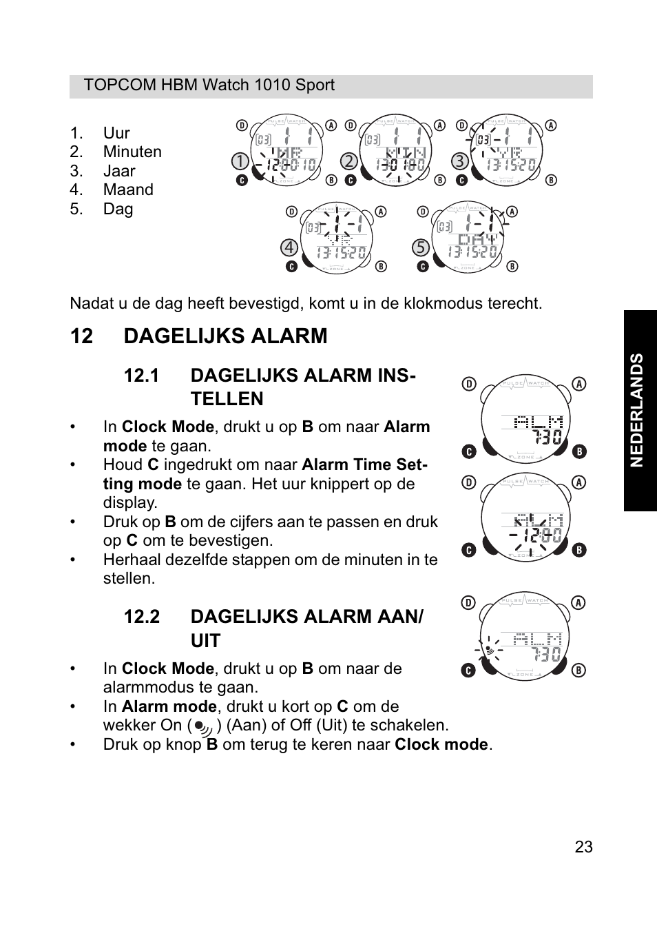 12 dagelijks alarm | Topcom HBM Watch 1010 Sport User Manual | Page 23 / 132