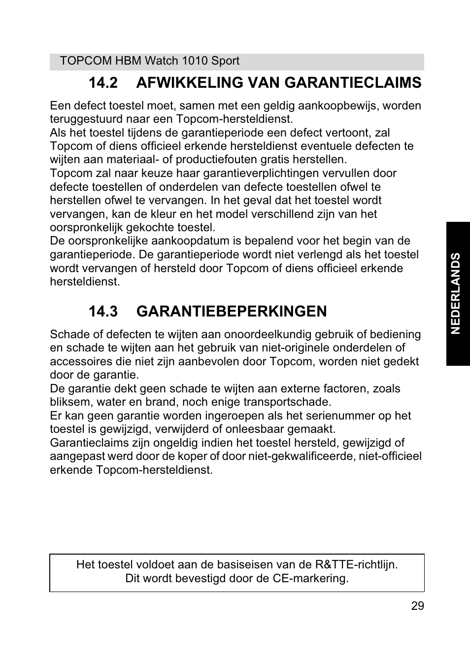 2 afwikkeling van garantieclaims, 3 garantiebeperkingen | Topcom HBM Watch 1010 Sport User Manual | Page 29 / 132