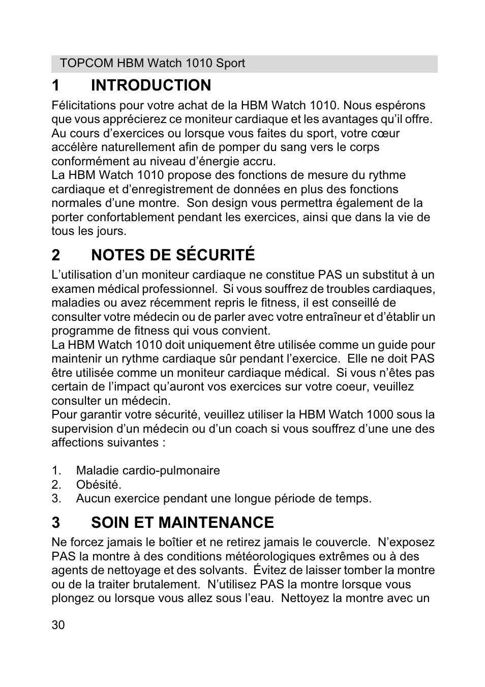 1introduction, 3soin et maintenance | Topcom HBM Watch 1010 Sport User Manual | Page 30 / 132