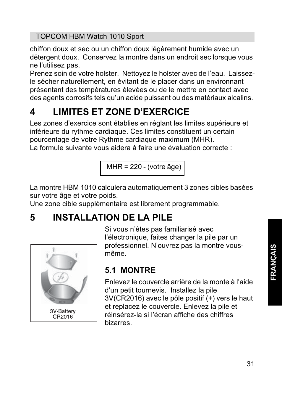 4limites et zone d’exercice, 5installation de la pile | Topcom HBM Watch 1010 Sport User Manual | Page 31 / 132
