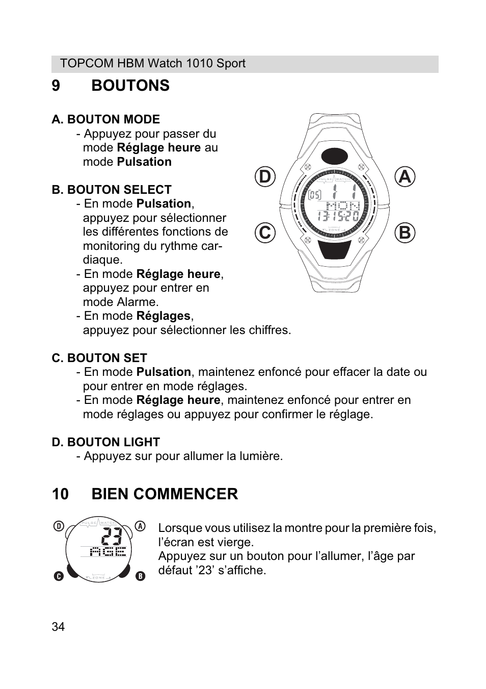 Ab c d, 9boutons, 10 bien commencer | Topcom HBM Watch 1010 Sport User Manual | Page 34 / 132