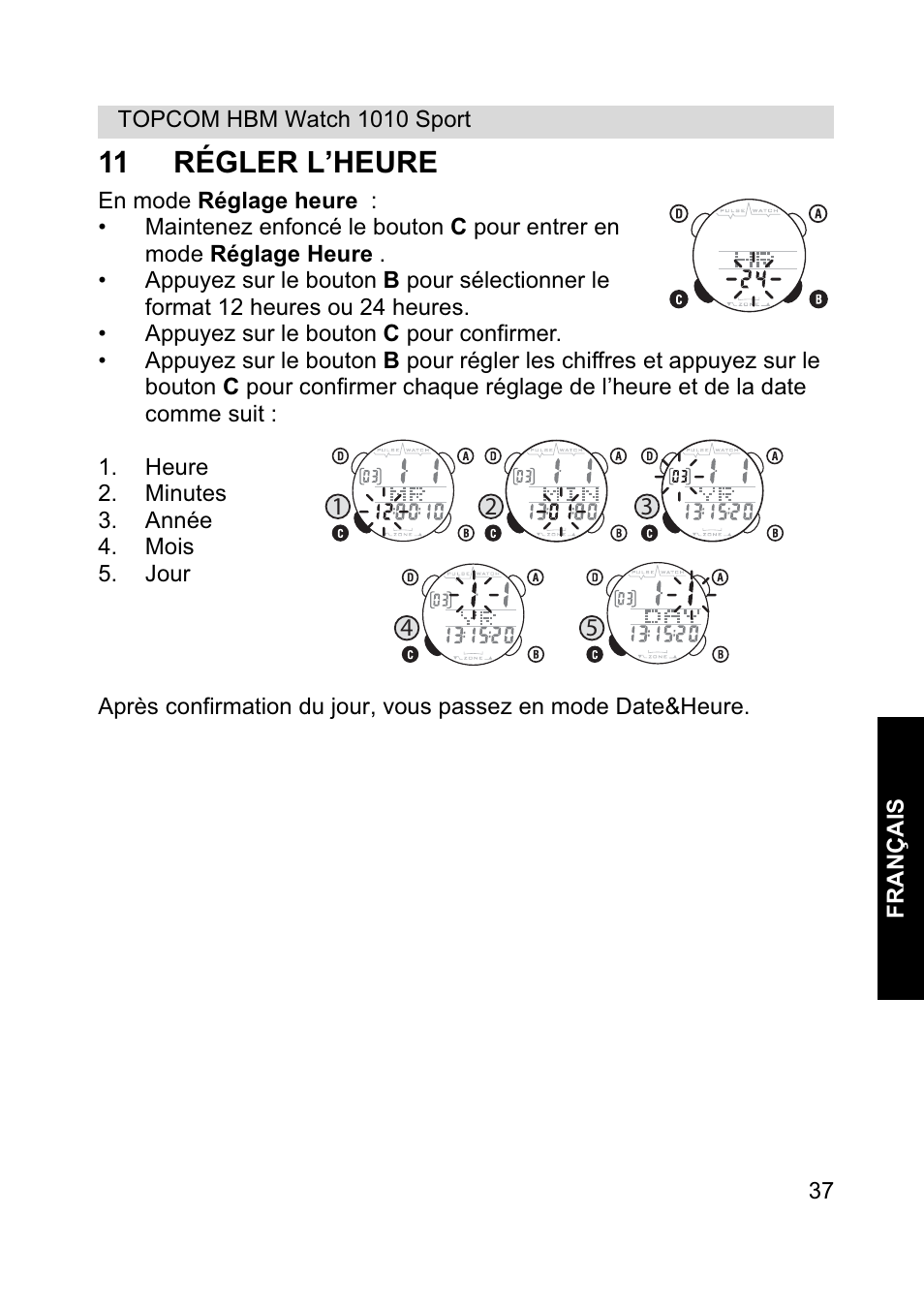 11 régler l’heure | Topcom HBM Watch 1010 Sport User Manual | Page 37 / 132