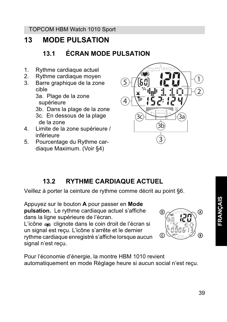 13 mode pulsation | Topcom HBM Watch 1010 Sport User Manual | Page 39 / 132