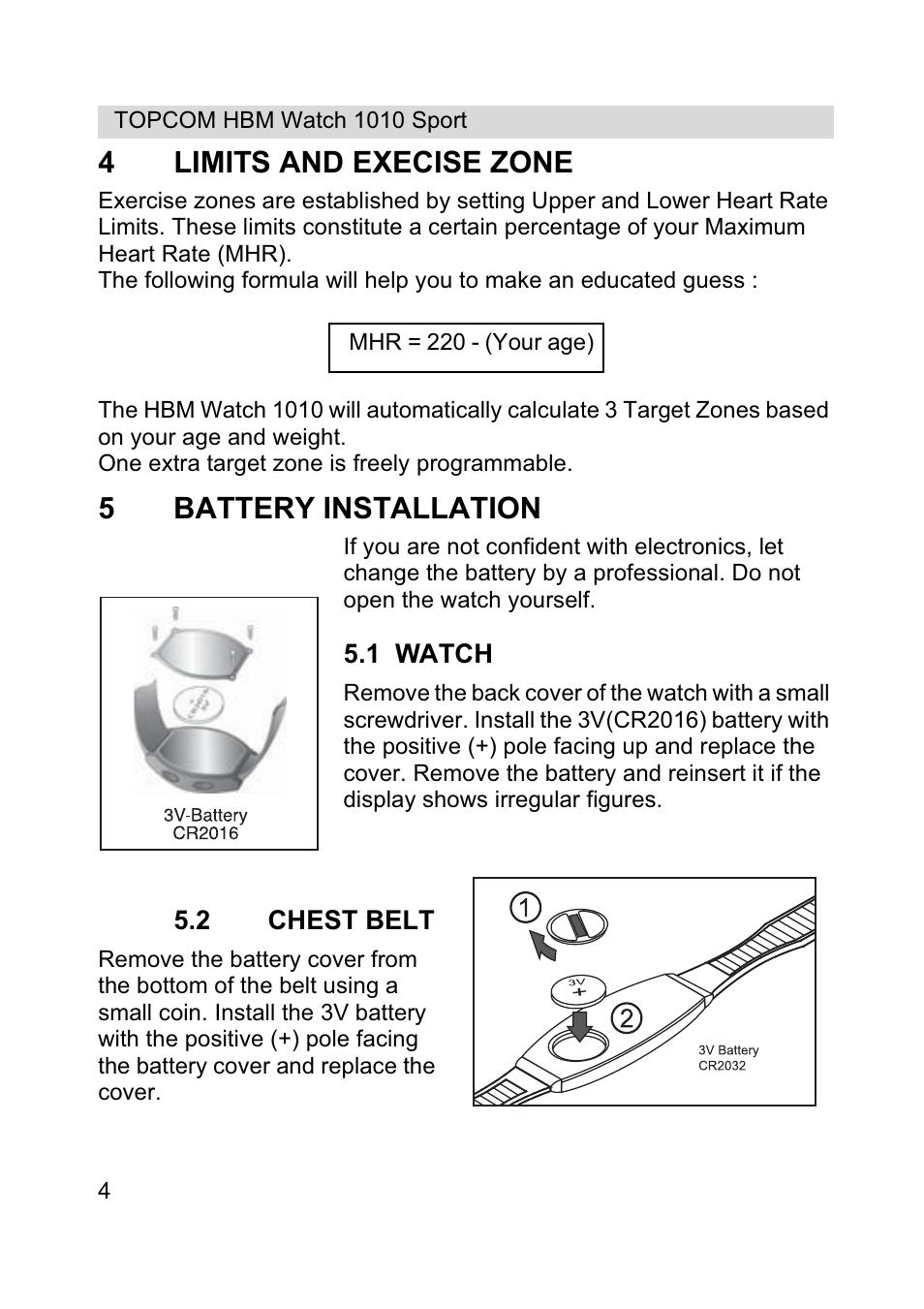 4limits and execise zone, 5battery installation | Topcom HBM Watch 1010 Sport User Manual | Page 4 / 132
