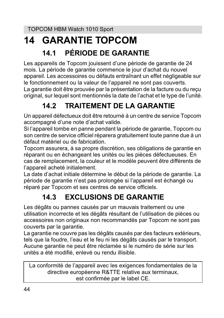14 garantie topcom | Topcom HBM Watch 1010 Sport User Manual | Page 44 / 132