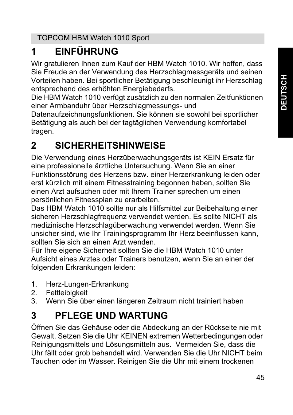 1einführung, 2sicherheitshinweise, 3pflege und wartung | Topcom HBM Watch 1010 Sport User Manual | Page 45 / 132