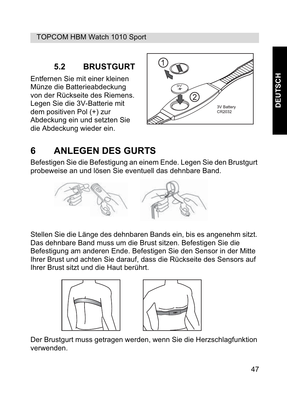 6anlegen des gurts | Topcom HBM Watch 1010 Sport User Manual | Page 47 / 132