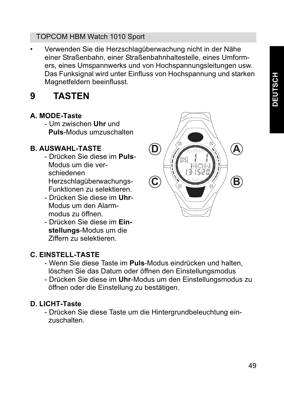 Ab c d, 9tasten | Topcom HBM Watch 1010 Sport User Manual | Page 49 / 132