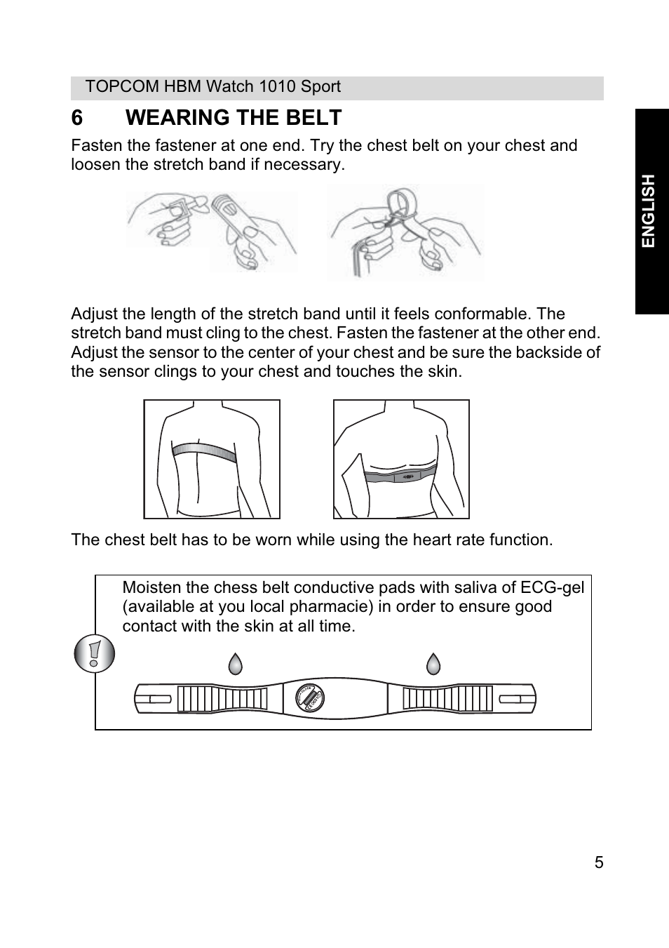 6wearing the belt | Topcom HBM Watch 1010 Sport User Manual | Page 5 / 132