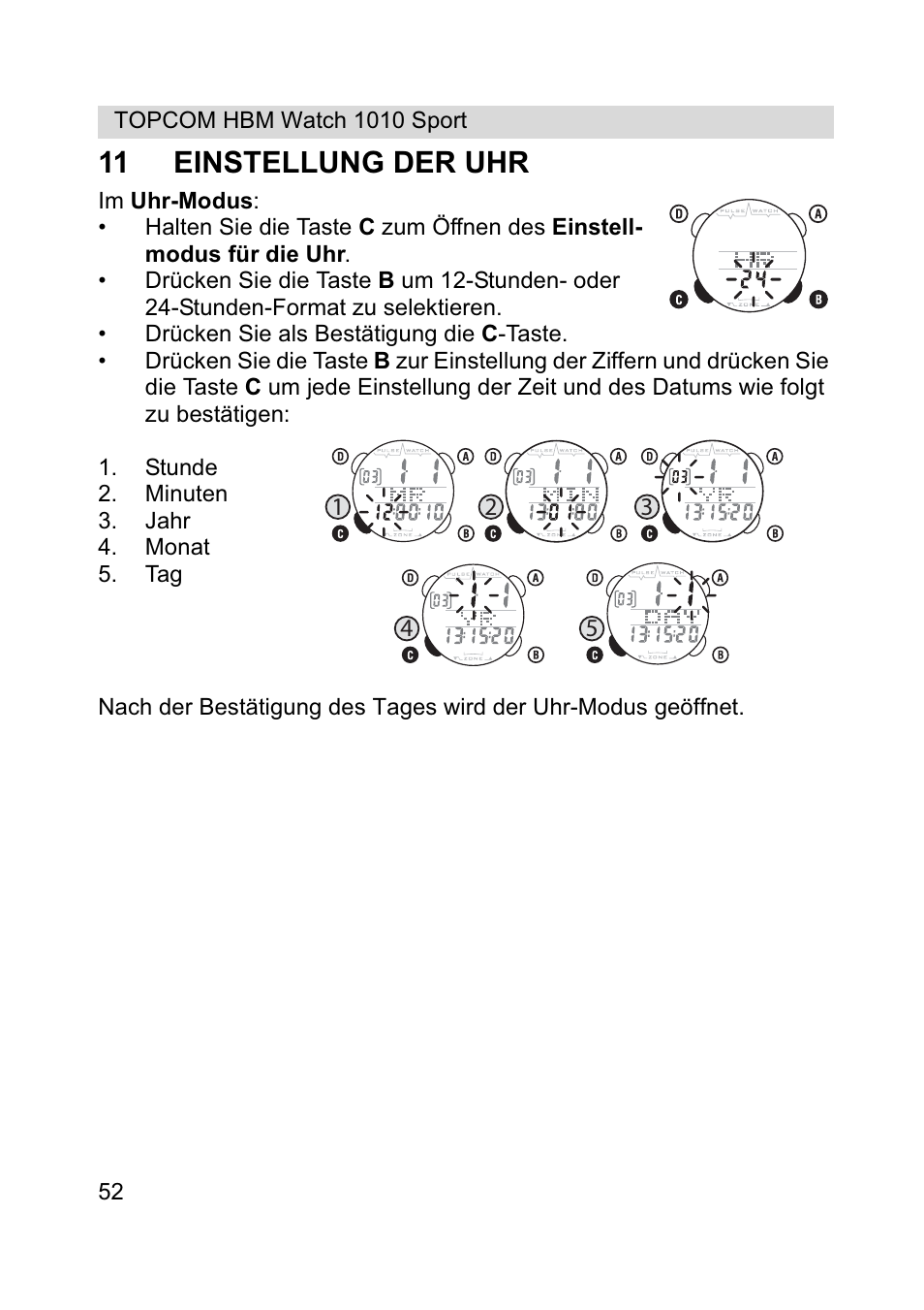 11 einstellung der uhr | Topcom HBM Watch 1010 Sport User Manual | Page 52 / 132