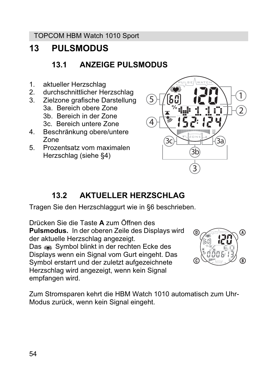 13 pulsmodus | Topcom HBM Watch 1010 Sport User Manual | Page 54 / 132
