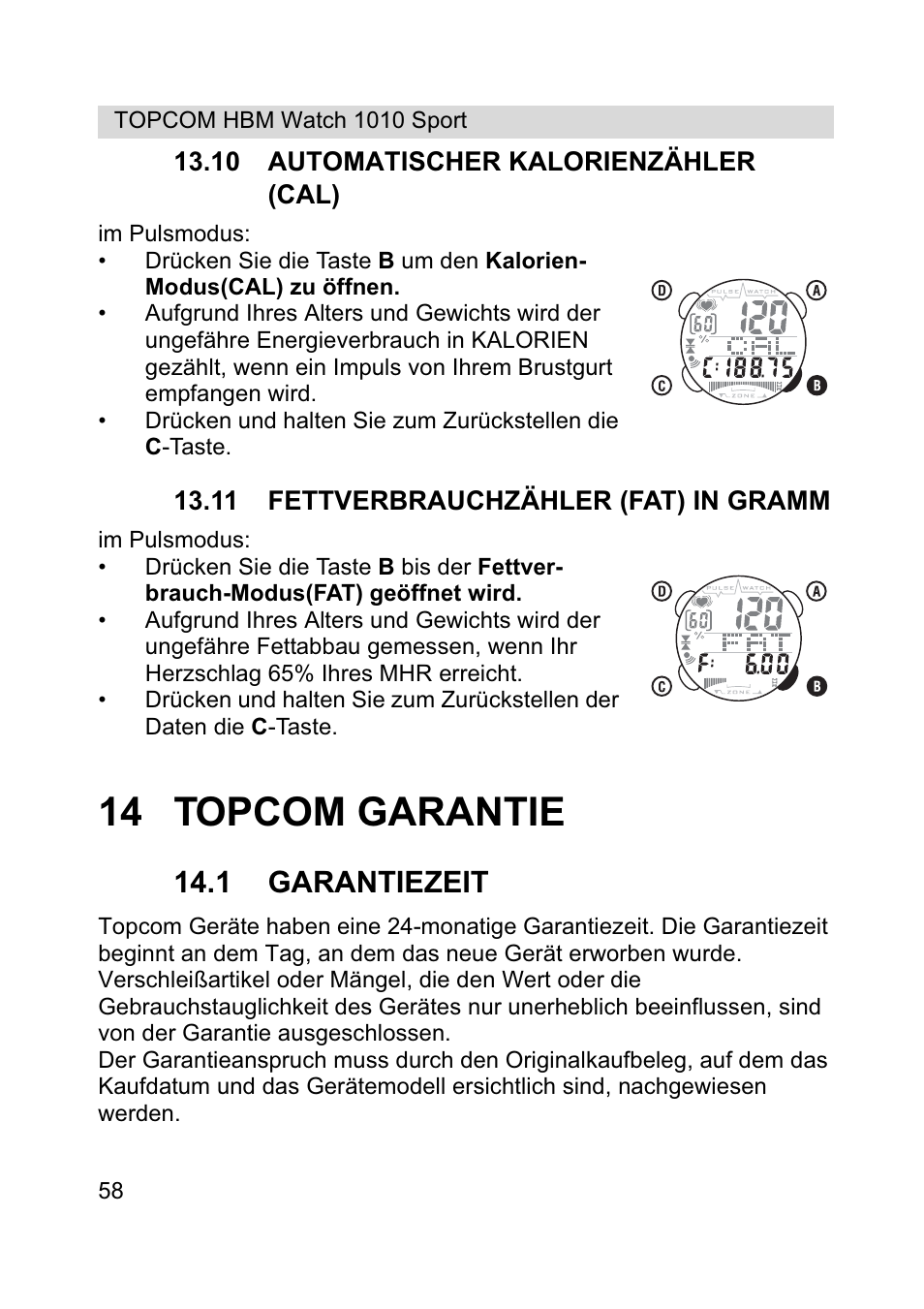 14 topcom garantie, 1 garantiezeit | Topcom HBM Watch 1010 Sport User Manual | Page 58 / 132