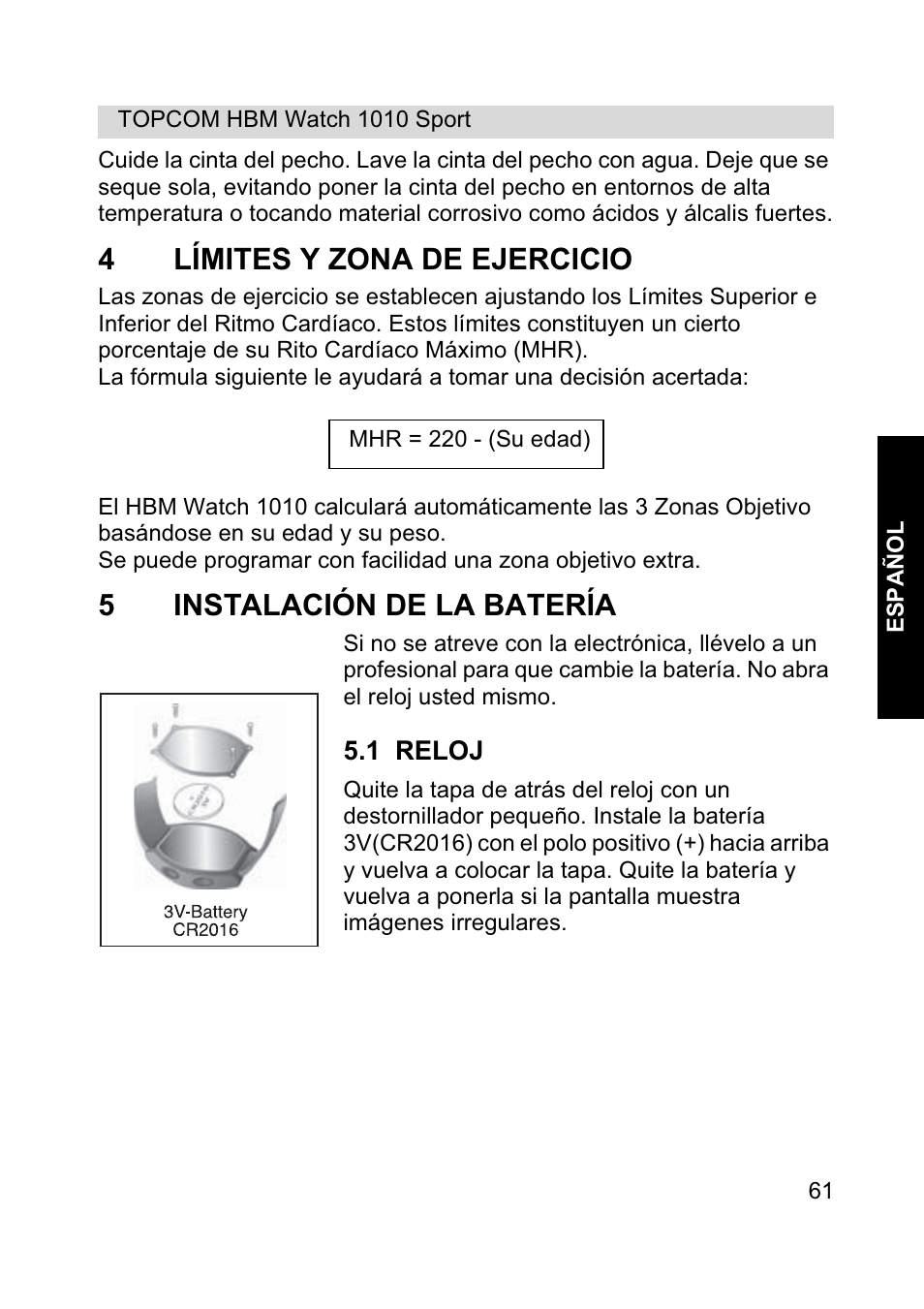 4límites y zona de ejercicio, 5instalación de la batería | Topcom HBM Watch 1010 Sport User Manual | Page 61 / 132