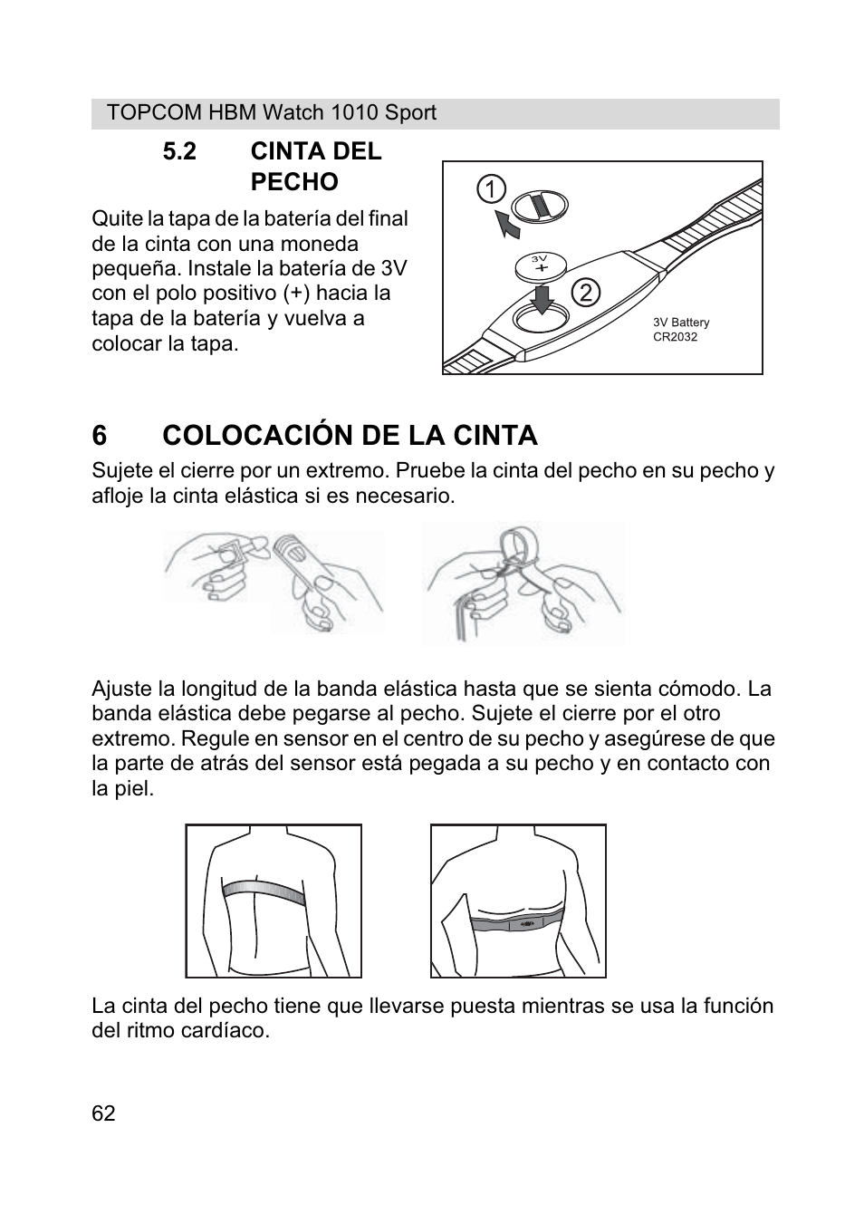 6colocación de la cinta | Topcom HBM Watch 1010 Sport User Manual | Page 62 / 132