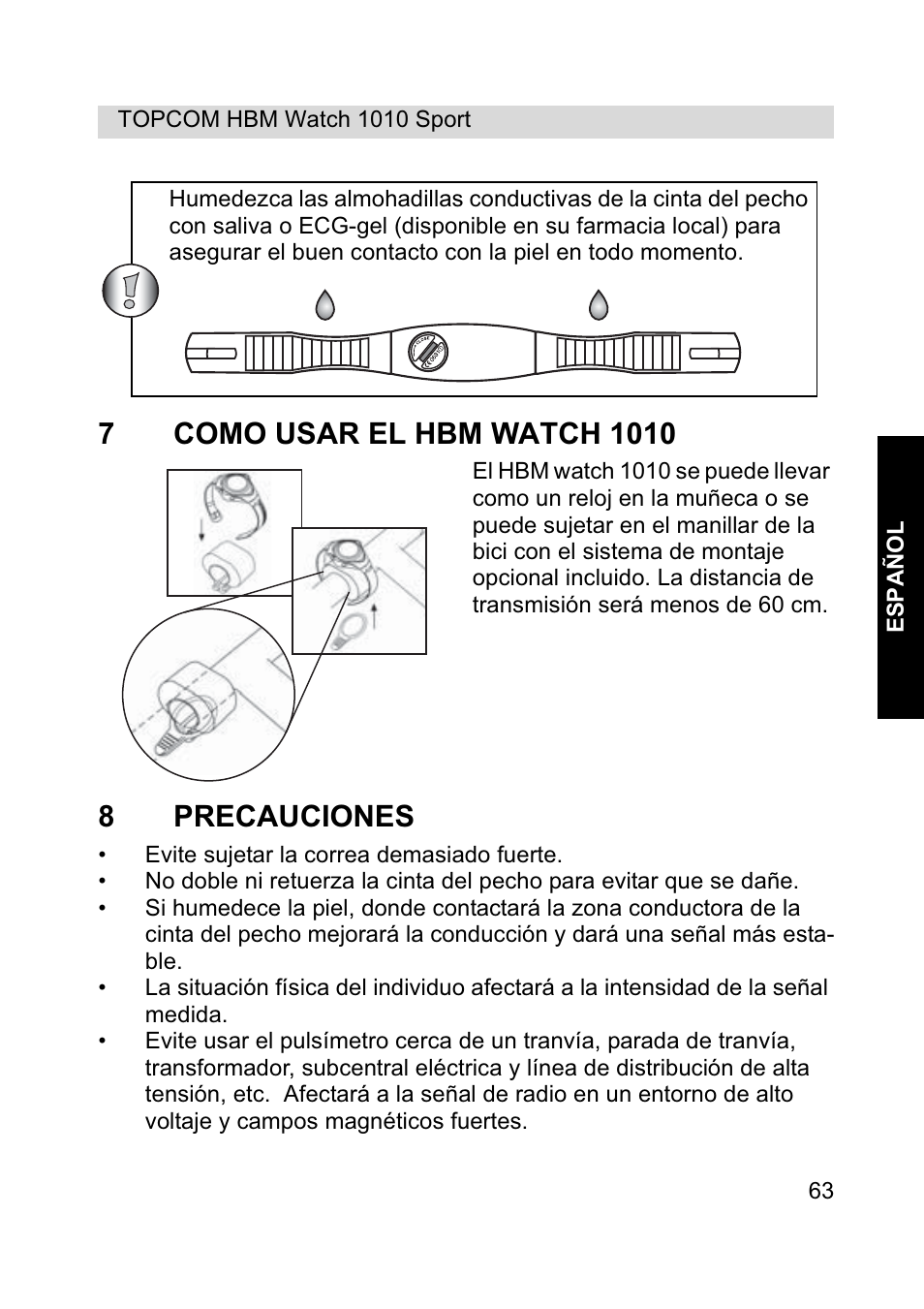 8precauciones | Topcom HBM Watch 1010 Sport User Manual | Page 63 / 132